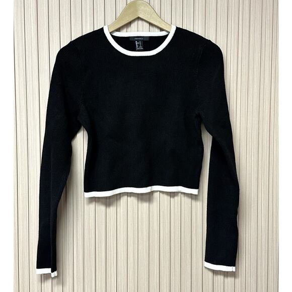 Forever 21 Women's Cropped Ribbed Knit Sweater with Contrast Trim Size L - Picture 2 of 7